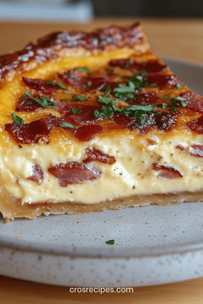 Quiche aux lardons et fromage dorée au four, texture fondante à l’intérieur, servie en parts avec herbes fraîches.