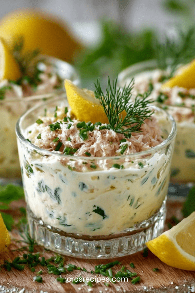 Verrines de crème minute au thon crémeuse garnies d’aneth frais et zeste de citron, servies bien fraîches pour l’apéritif.