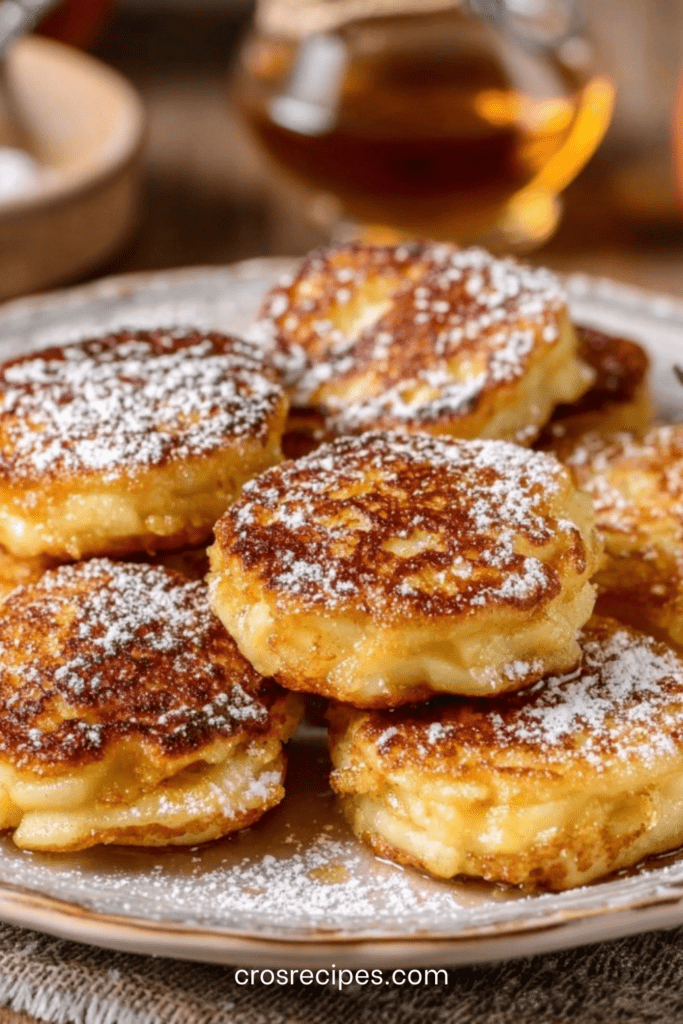 Beignets aux pommes dorés à la poêle, saupoudrés de sucre glace, servis chauds avec miel ou sirop d’érable.