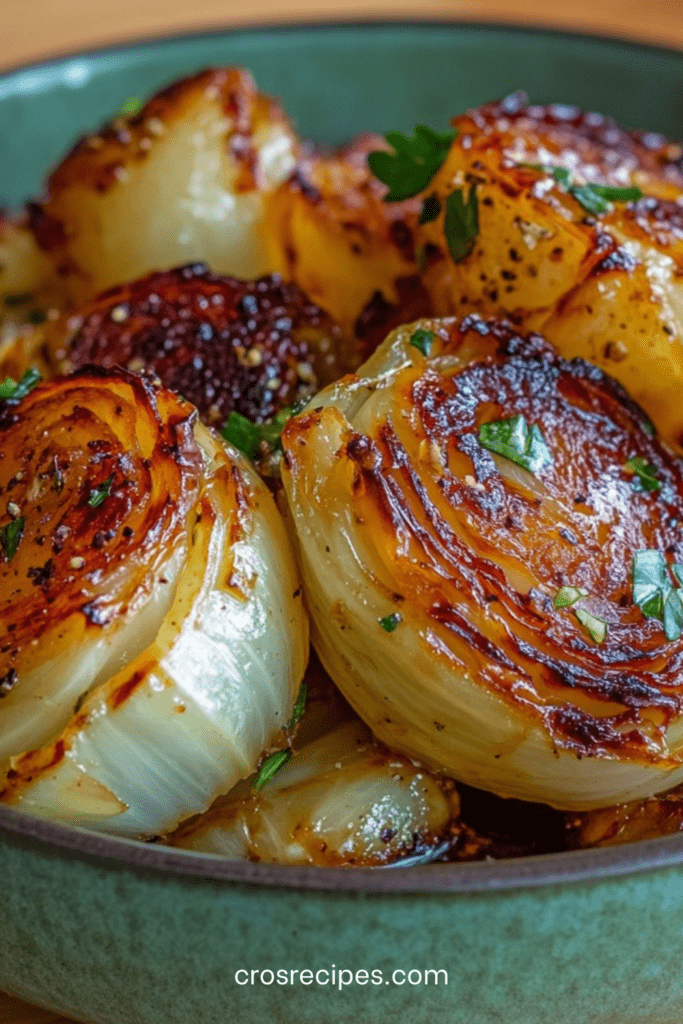 Tranches épaisses de chou rôti au four, bords grillés et caramélisés, parsemées de persil frais sur une plaque de cuisson.