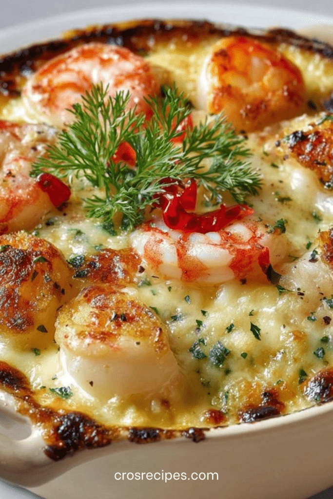 Cassolette individuelle de fruits de mer gratinée au four, sauce crémeuse et fromage doré sur le dessus, décorée d’herbes fraîches.