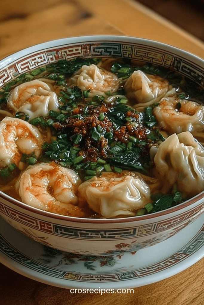 Bol de soupe chinoise aux wontons garnis de crevettes, nouilles asiatiques, épinards et oignons verts dans un bouillon clair parfumé.