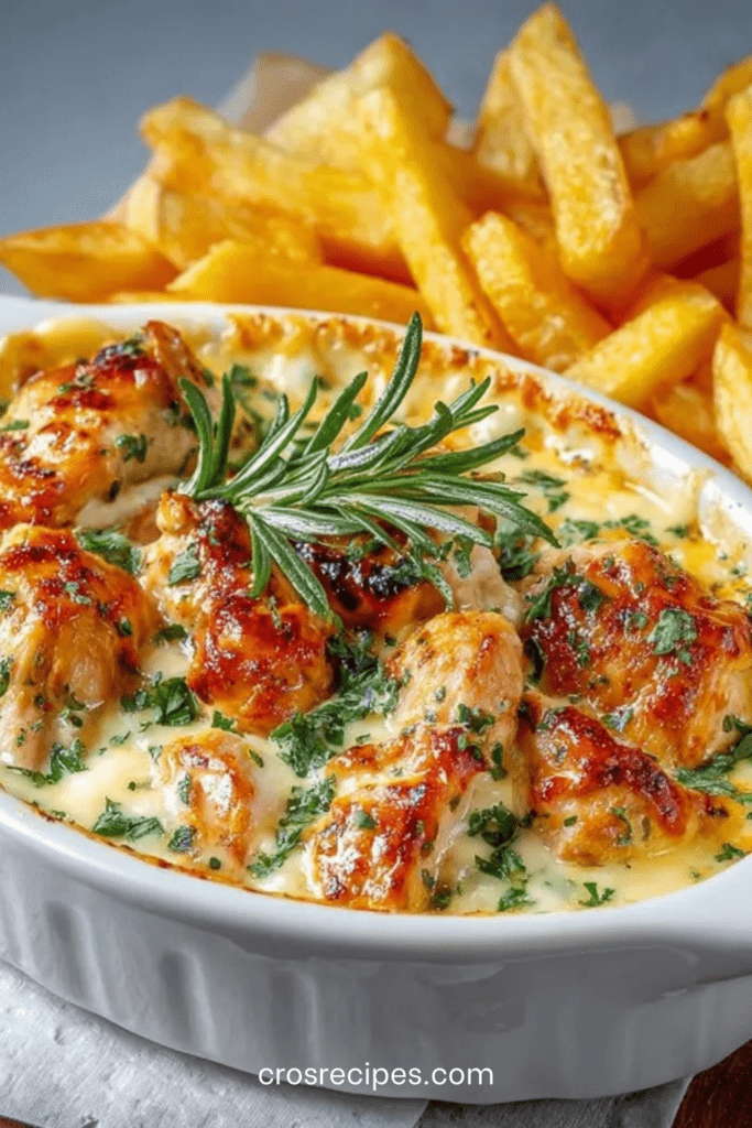 Cassolettes de poulet nappée de sauce au Maroilles fondante, accompagnée de frites maison croustillantes et dorées.