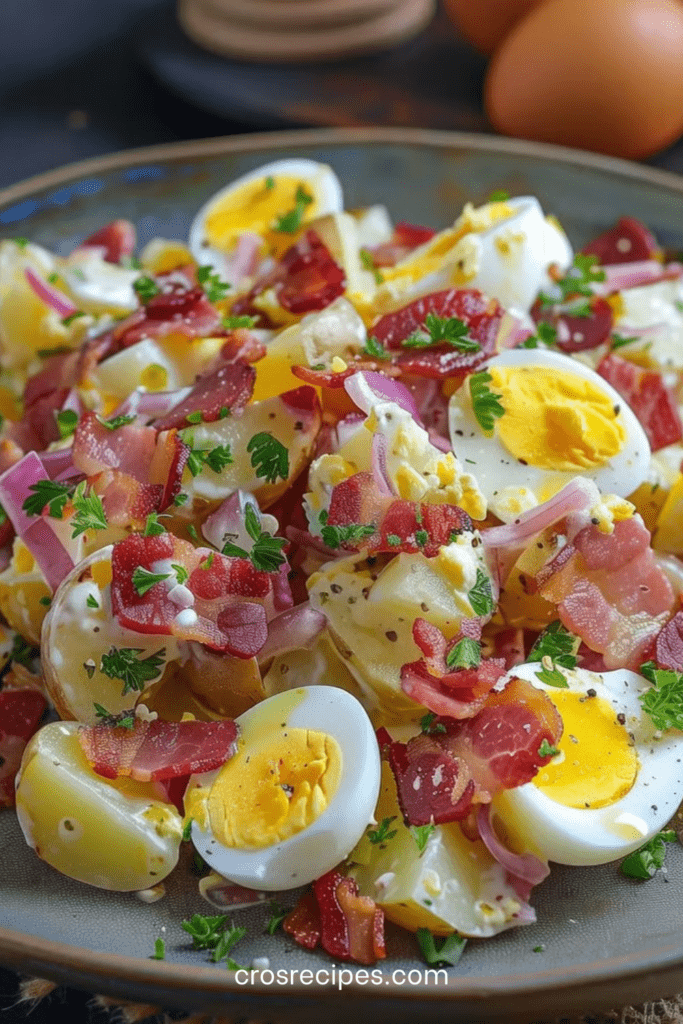 Salade de pommes de terre tiède aux lardons croustillants et œufs durs, parsemée de persil frais.