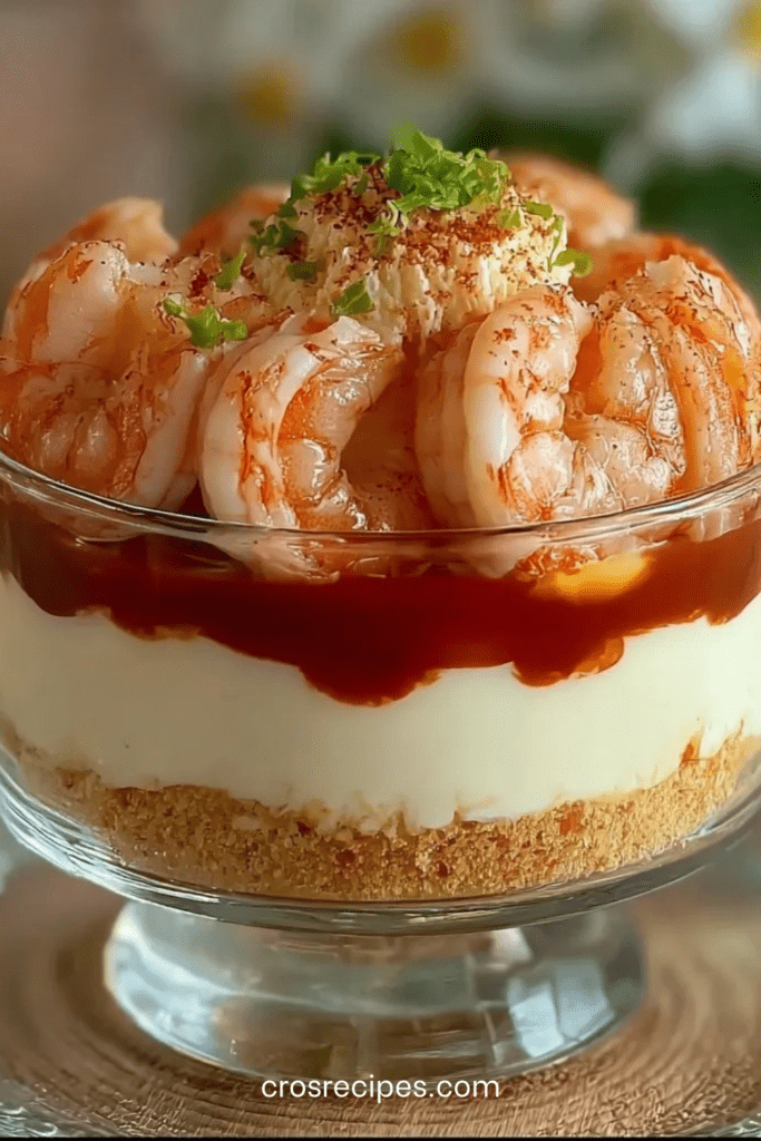 Verrines de tiramisu salé aux crevettes roses présentées en verres transparents, avec base croustillante de biscuits salés, crème onctueuse au fromage frais, fine couche de sauce tomate relevée et crevettes décorées de ciboulette.