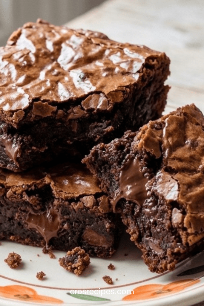 Carrés de brownies fondants aux morceaux de chocolat noir et pépites visibles, texture dense et humide au centre, posés sur une grille avec papier cuisson.