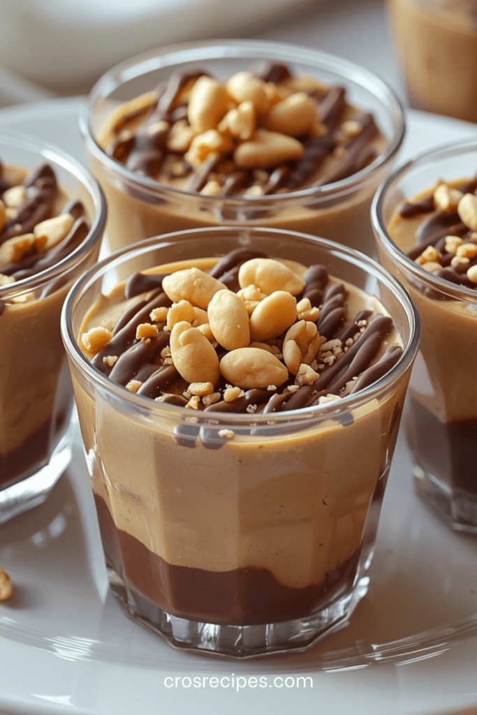 Verrines choco dessert en verre transparent avec couche de crème chocolat au fond, couche épaisse de crème caramel, filet de chocolat noir en zigzag et cacahuètes entières et concassées sur le dessus.