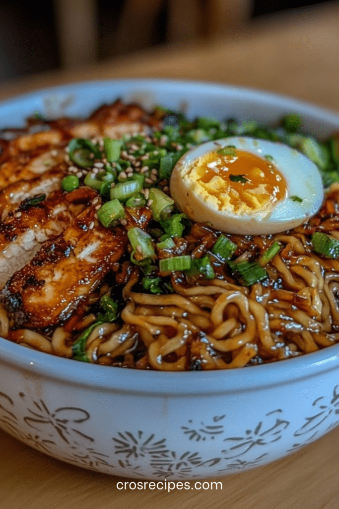 Bol de ramen au chashu avec bouillon shoyu foncé, nouilles ramen fraîches, tranches de poitrine de porc braisée caramélisée, œuf mollet coupé en deux, oignons verts et graines de sésame.