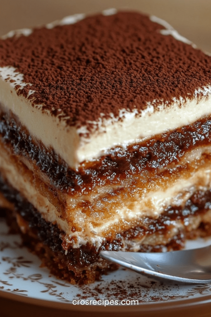 Tiramisù italien classique en plat rectangulaire transparent, couches visibles de boudoirs imbibés de café et crème mascarpone, généreusement saupoudré de cacao amer.