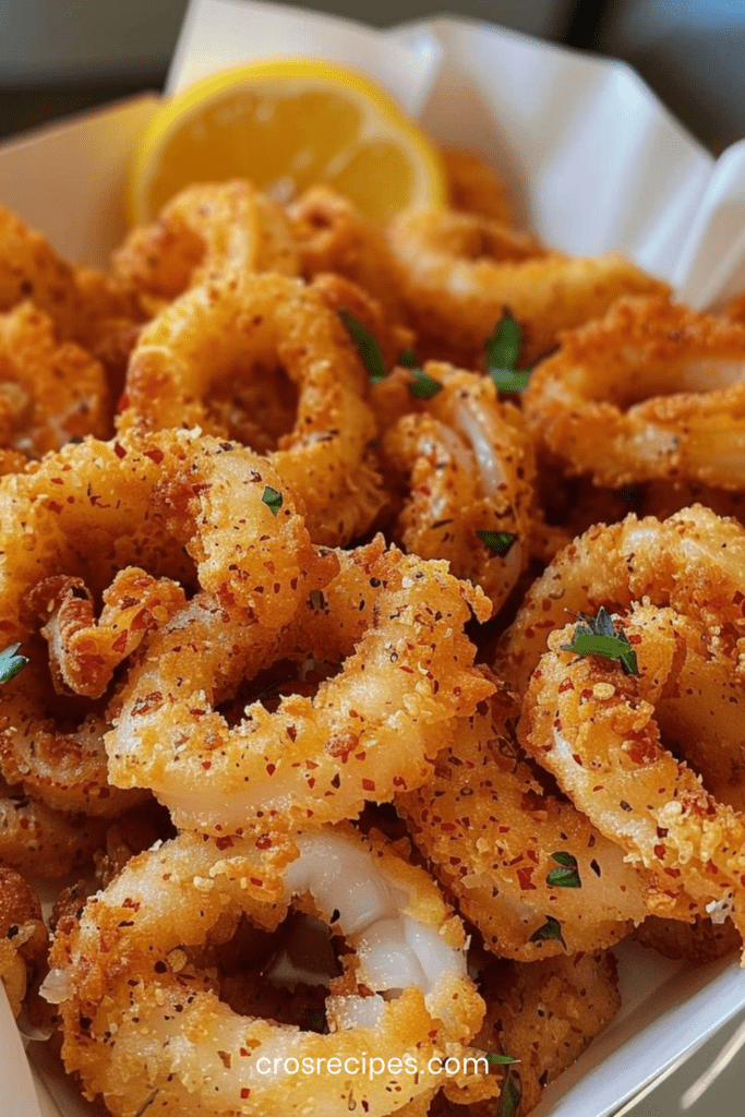 Assiette de calamars frits croustillants dorés, anneaux bien enrobés servis avec quartiers de citron et persil frais, texture croquante visible.