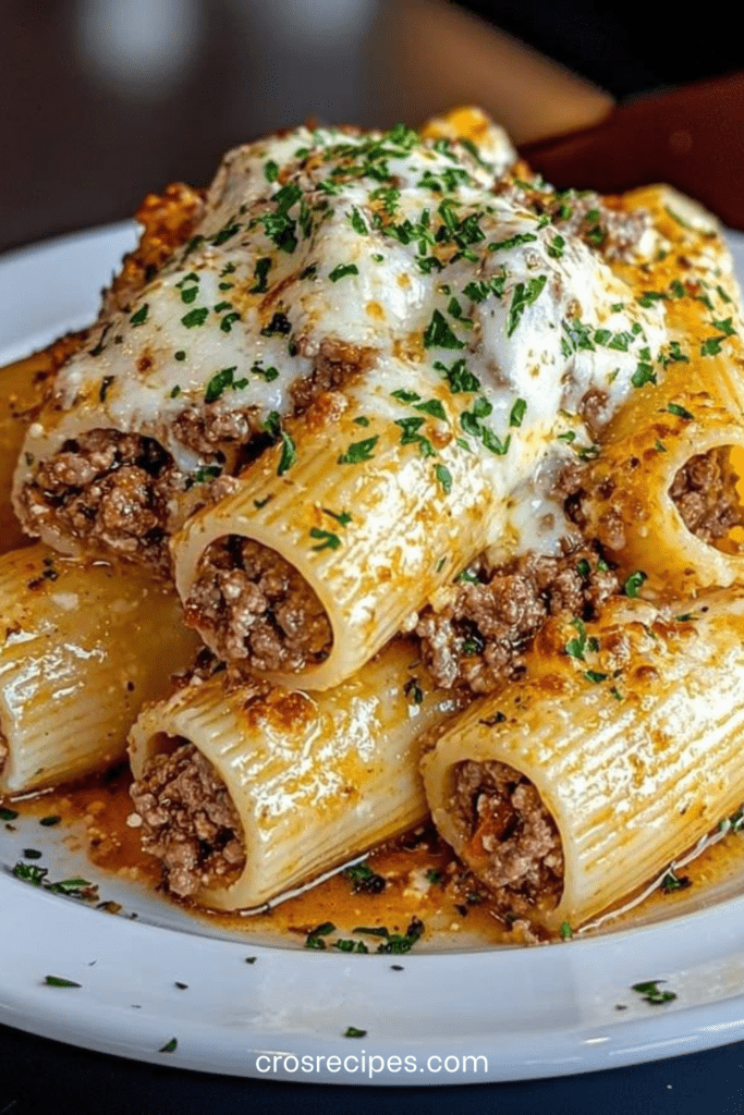 Plat de rigatonis farcis à la viande hachée, recouverts de sauce tomate et de mozzarella fondue dorée, servis chauds dans un plat rectangulaire.