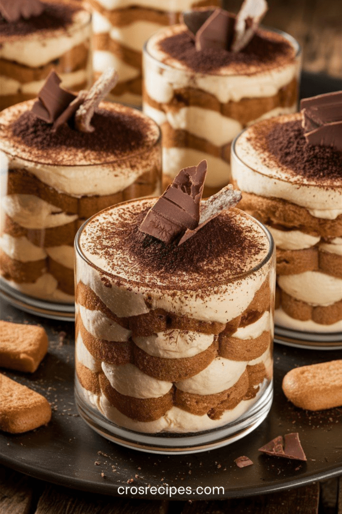 Tiramisu individuel aux spéculoos, couches visibles de crème mascarpone et biscuits imbibés de café, saupoudrées de cacao et copeaux de chocolat.
