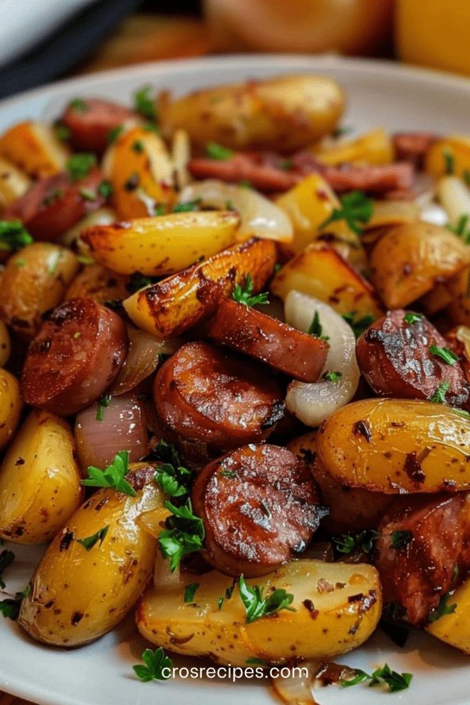 Poêlée de pommes de terre dorées en cubes avec rondelles de saucisses fumées et oignons caramélisés, parsemée de persil frais.