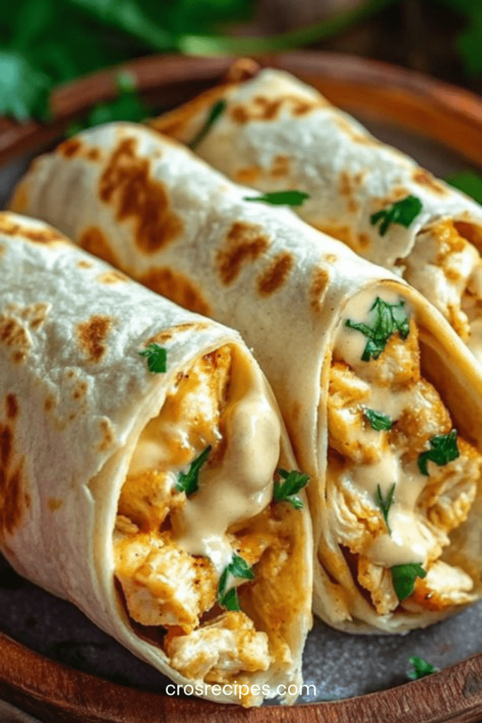 Wraps au poulet à l’ail et fromage fondant, coupés en deux, garniture crémeuse visible avec persil frais et tortilla dorée.