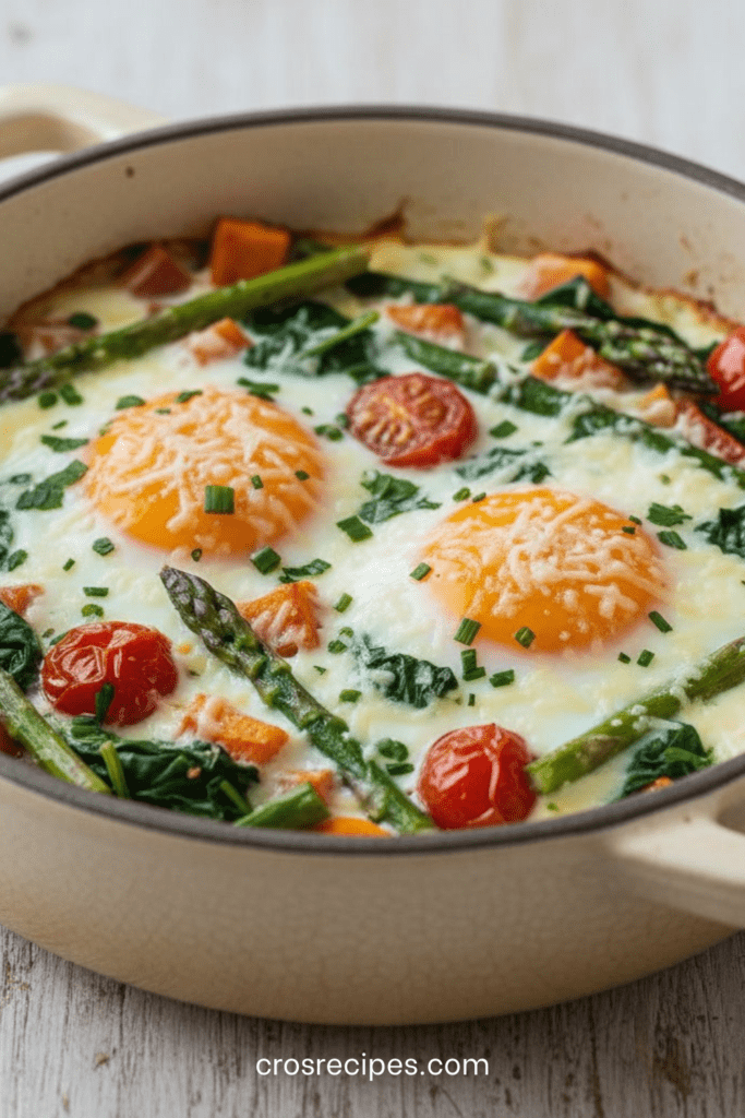 Plat d’œufs cocotte aux légumes rôtis avec patate douce dorée, asperges vertes, épinards frais et tomates cerises, jaunes d’œufs coulants et fromage gratiné au four.