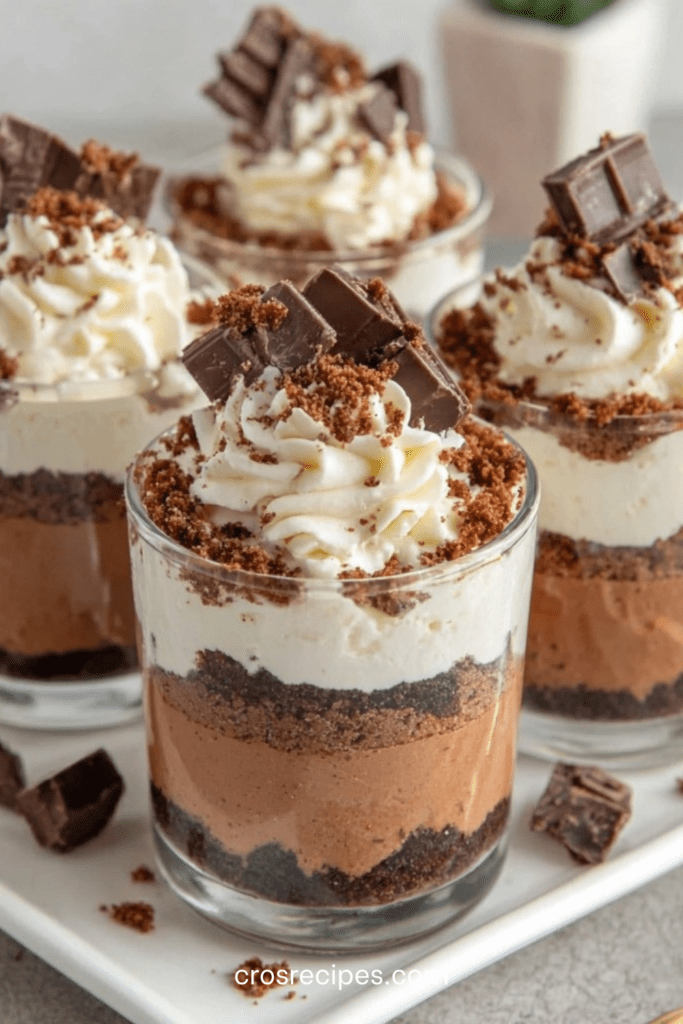 Verrines en verre garnies de mousse au chocolat noir onctueuse, couche de biscuits chocolat émiettés, chantilly vanillée pochée en spirale et saupoudrée de cacao.