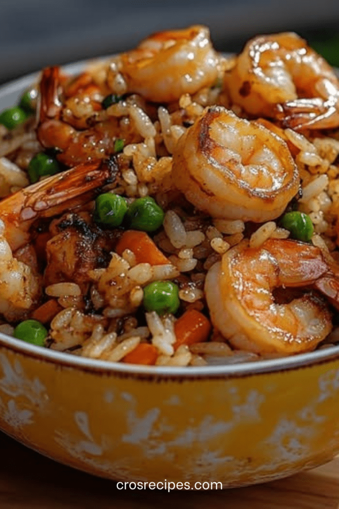 Wok de riz sauté aux crevettes roses, petits pois verts, dés de carotte, œufs brouillés et sauce soja brillante, servi chaud avec oignon nouveau émincé.