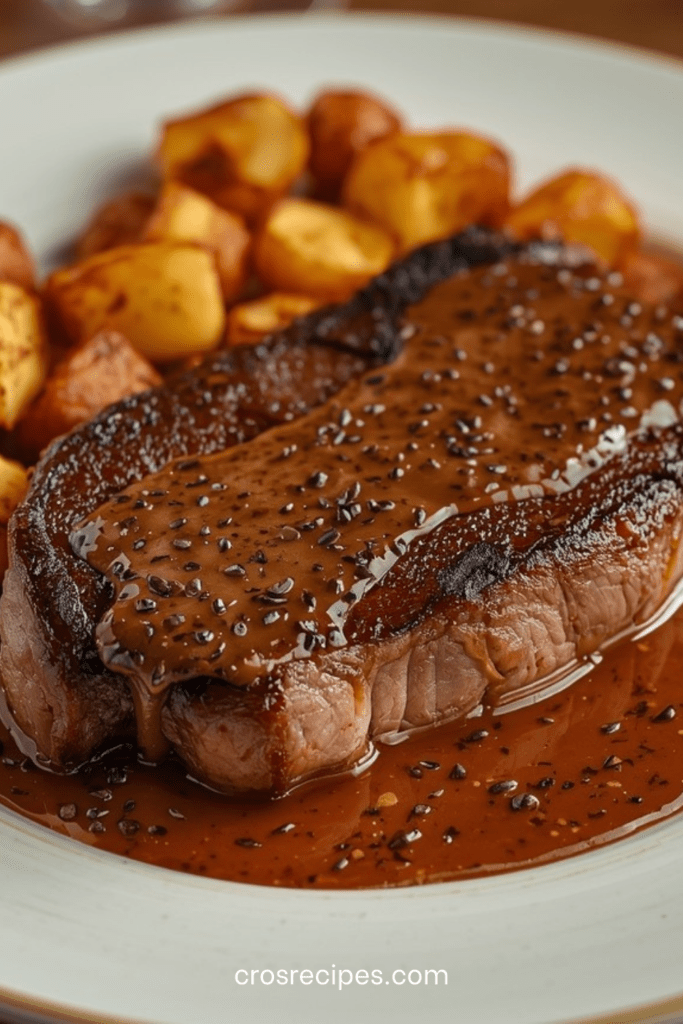 Steak grillé nappé de sauce au poivre crémeuse, accompagné de pommes de terre grenaille rôties dorées et croustillantes sur une assiette chaude.