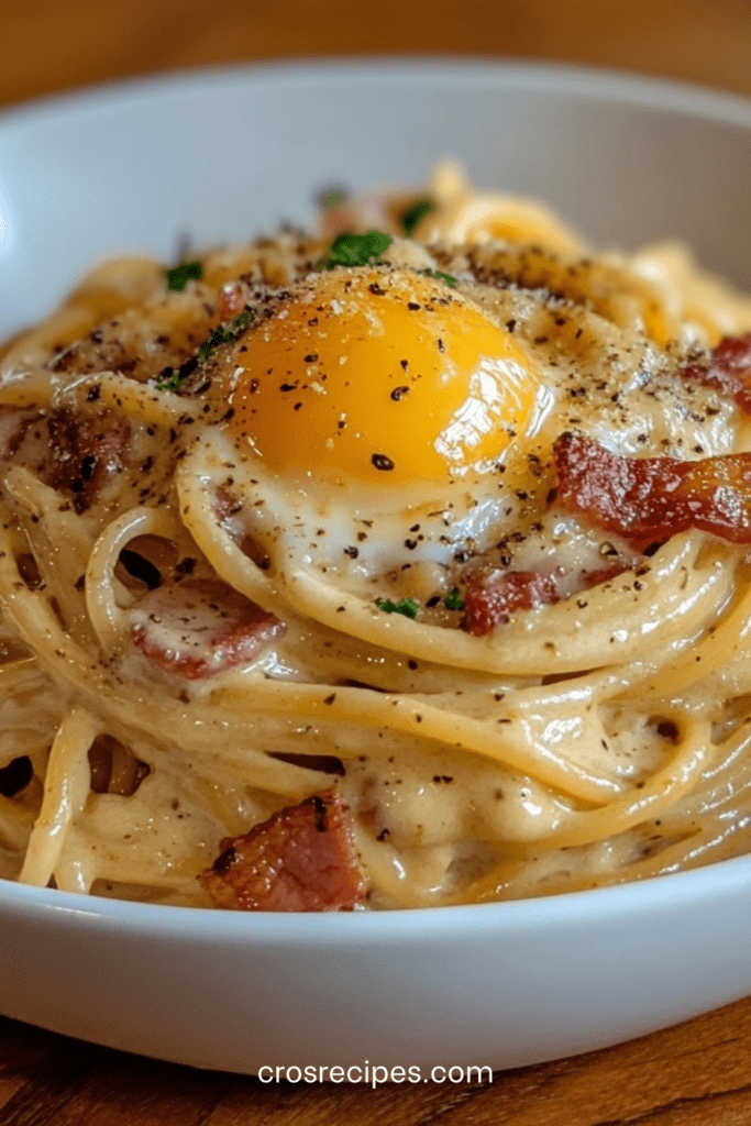 Assiette de spaghettis carbonara crémeux avec lardons dorés, sauce brillante au parmesan et œuf au plat au jaune coulant sur le dessus.