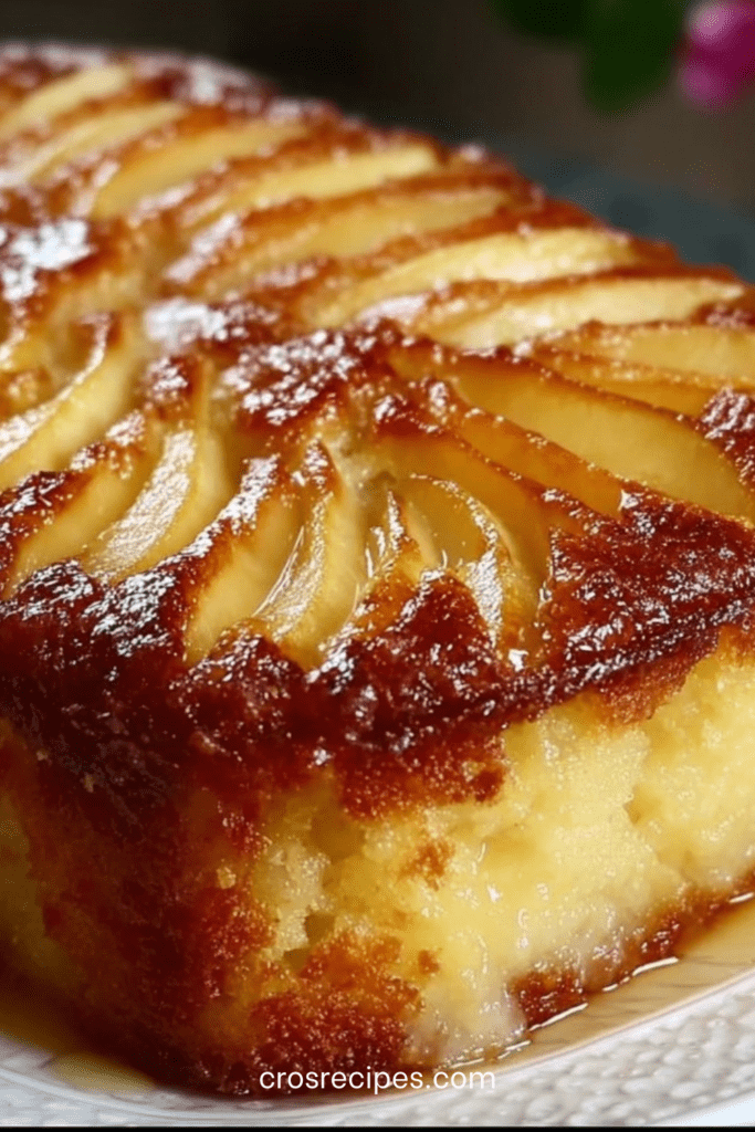 Gâteau aux pommes moelleux et doré, décoré de fines lamelles disposées en rosace, légèrement caramélisé sur le dessus, servi sur une assiette claire avec texture fondante visible à la découpe.