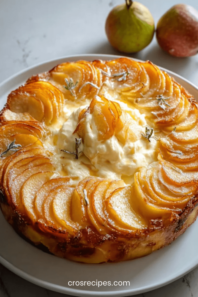 Gâteau pommes mascarpone ultra fondant, doré sur les bords, garni de fines lamelles de pommes légèrement caramélisées, texture crémeuse visible à la découpe sur une assiette claire.