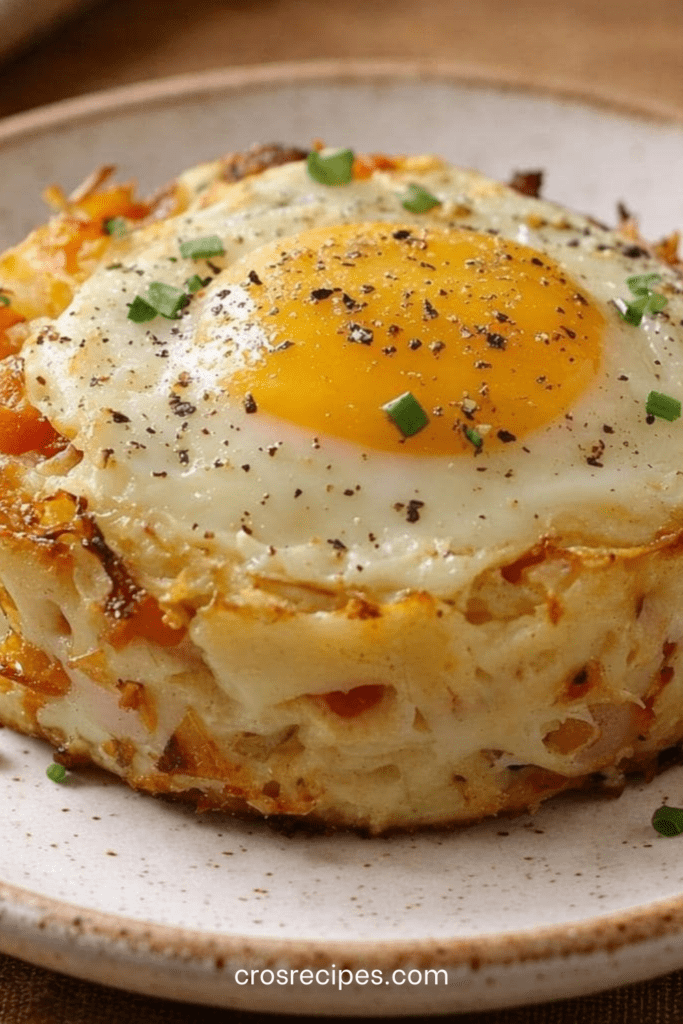 Gratin de pâtes crémeuses légèrement dorées sur les bords, avec un œuf au jaune coulant au centre, parsemé de ciboulette fraîche dans un ramequin en céramique.