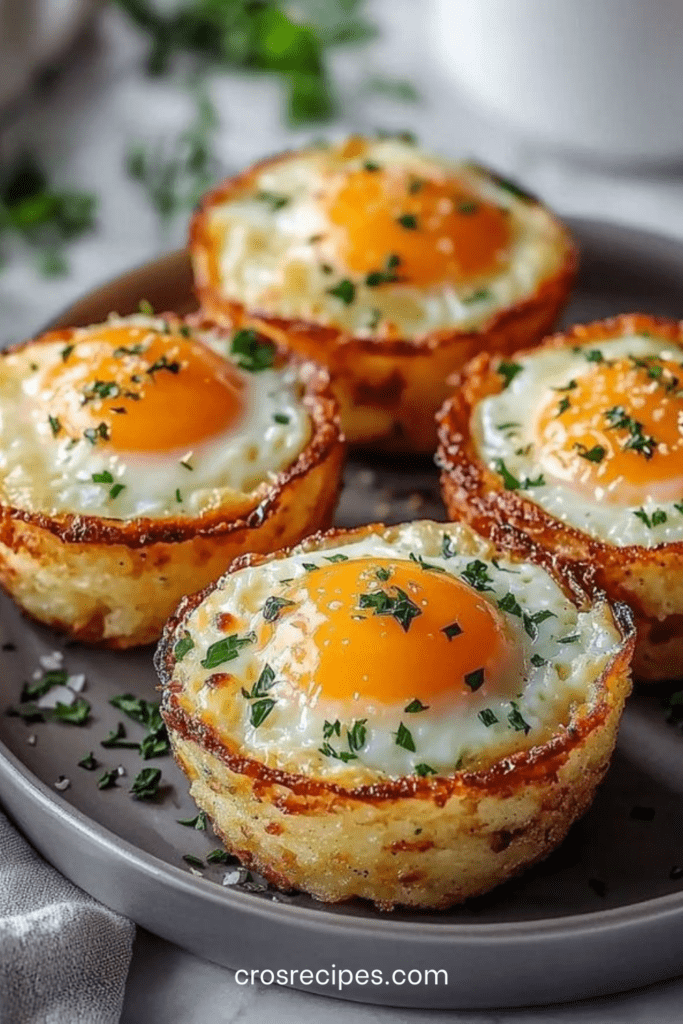 Muffins de pommes de terre dorés et croustillants formant des nids, garnis d’un œuf au jaune coulant au centre, parsemés de persil frais dans un moule à muffins.