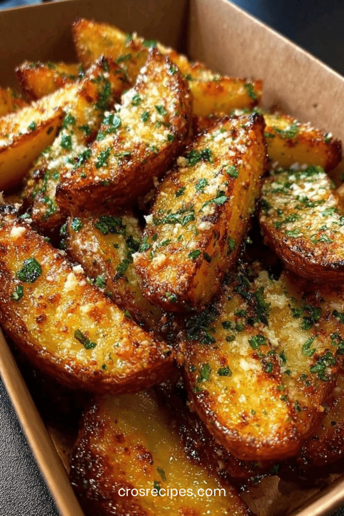 Quartiers de pommes de terre rôties au four, dorés et croustillants, enrobés d’ail et de parmesan gratiné, parsemés de persil frais sur une plaque de cuisson.