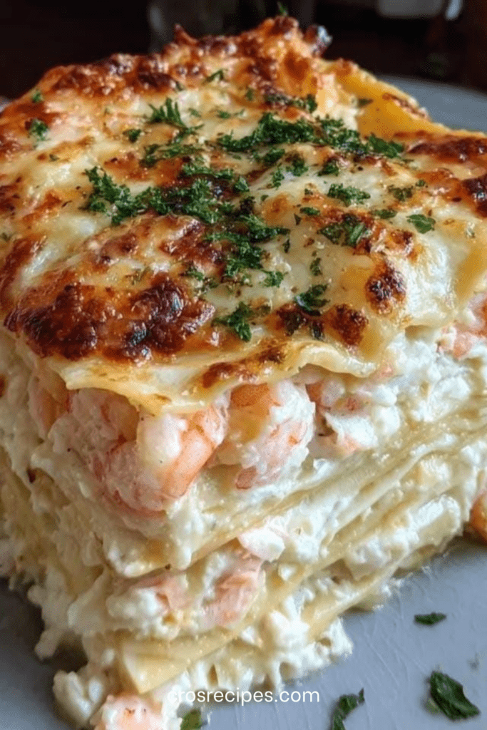 Plat de lasagnes aux fruits de mer gratinées, couches visibles de pâtes fondantes, crème onctueuse, crevettes et chair de crabe sous une croûte dorée de mozzarella et parmesan.