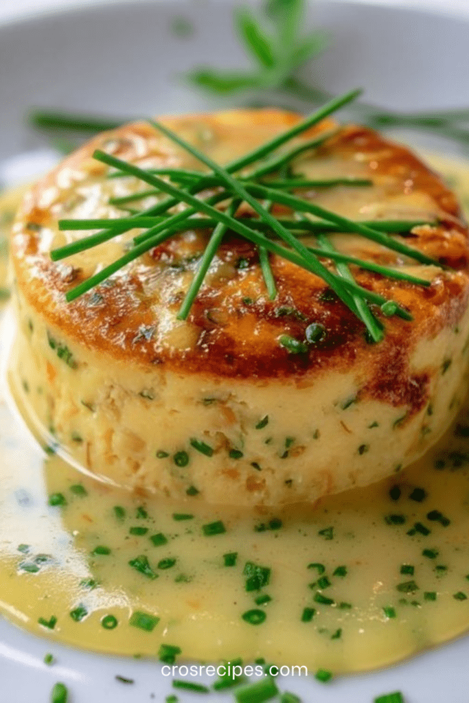 Flan au crabe individuel démoulé sur assiette blanche, nappé de sauce à la ciboulette et zeste de citron, texture fondante et présentation élégante