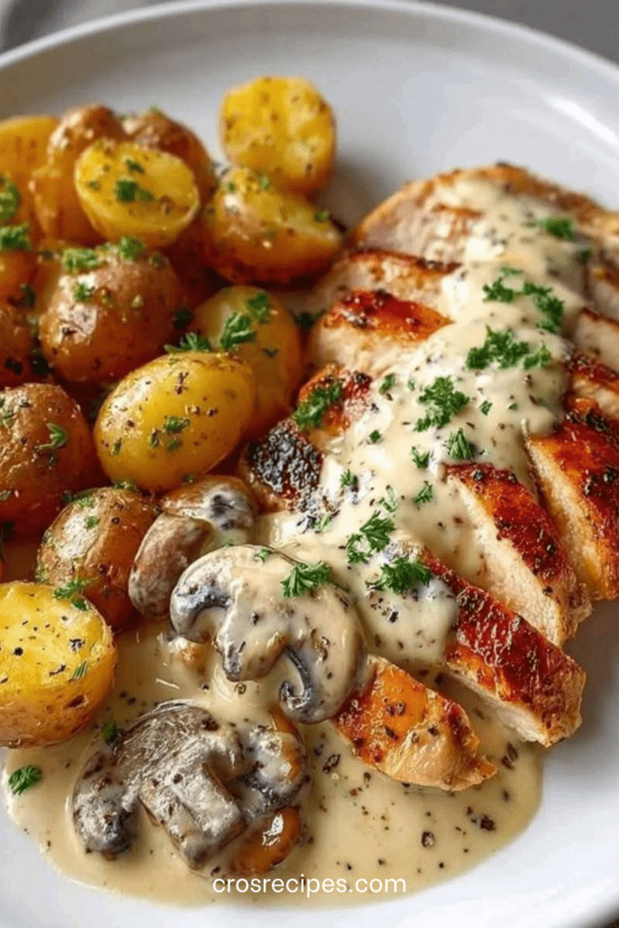 Blancs de poulet à la crèmedorés nappés de sauce crémeuse aux champignons de Paris, servis avec pommes de terre grenaille rôties et persil frais