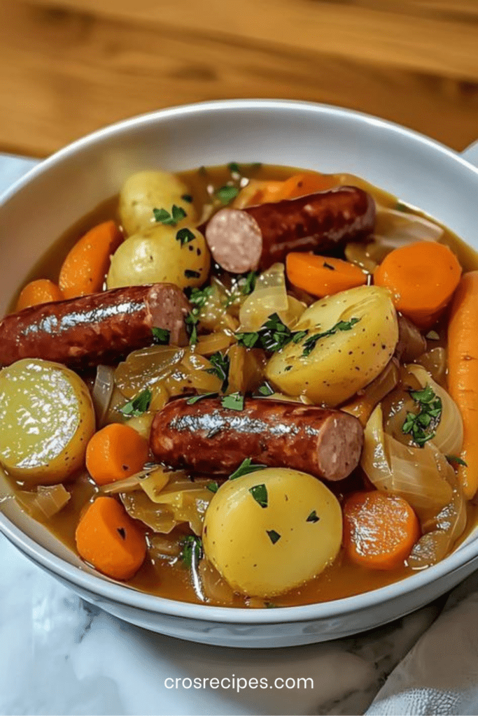 Potée aux saucisses fumées servie en cocotte avec pommes de terre, carottes et chou vert mijotés dans un bouillon parfumé au thym