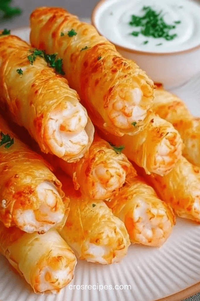 Cigares croustillants aux crevettes dorés au four, servis avec sauce au yaourt citronnée et ciboulette fraîche