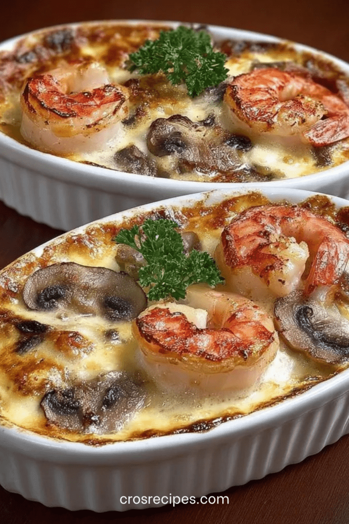 Gratin crémeux aux crevettes et champignons doré au four, fromage fondu et légèrement gratiné en surface, servi en ramequin individuel