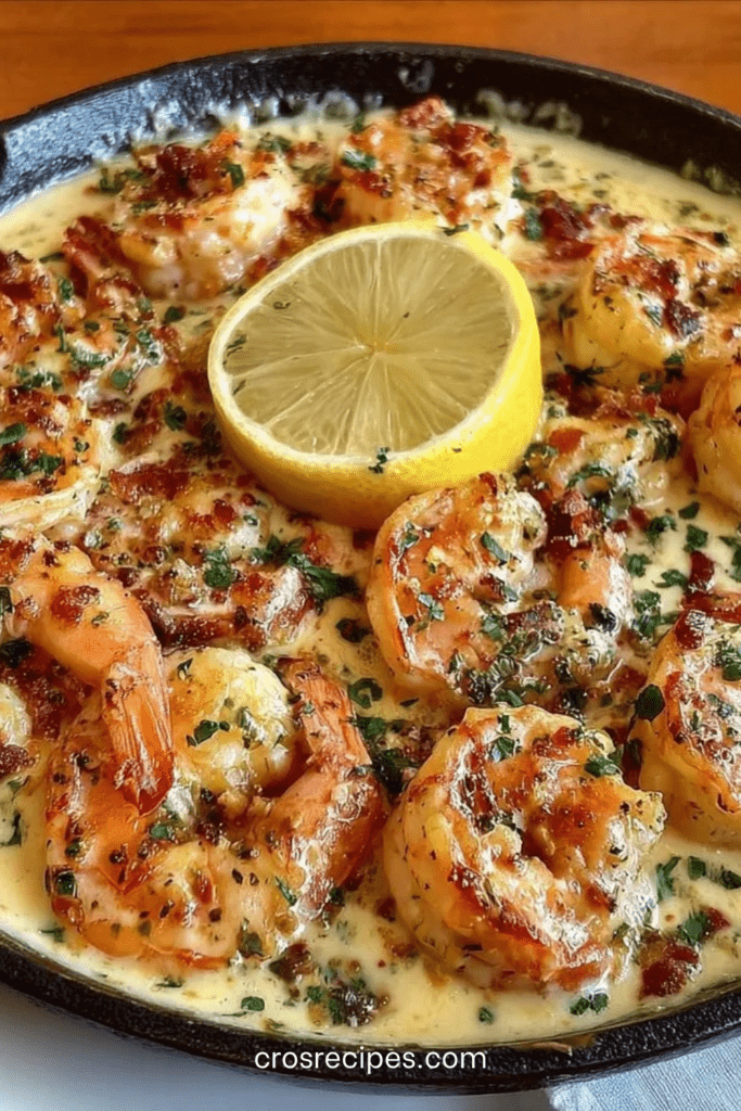 Crevettes poêlées nappées de sauce crémeuse au citron et à l’ail, garnies de persil frais dans une poêle chaude