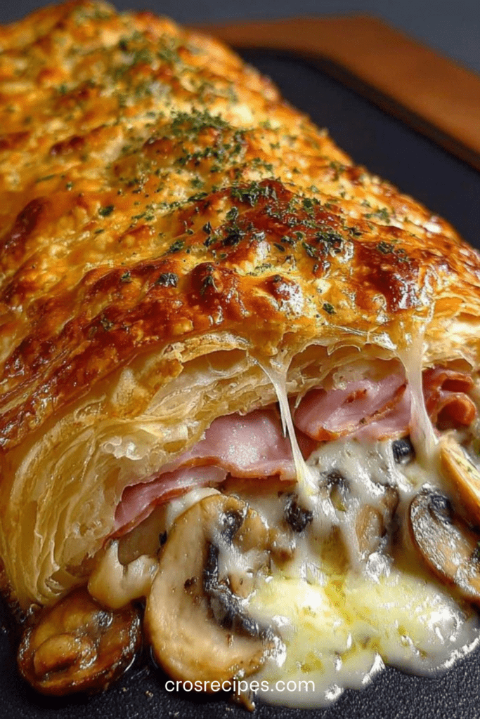 Feuilleté doré aux champignons et jambon tranché, pâte feuilletée croustillante et fromage fondu visible à la découpe