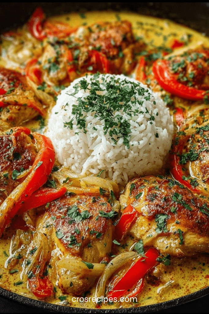 Poulet coco réunionnais mijoté au lait de coco avec poivrons rouges et épices, servi avec riz blanc moelleux