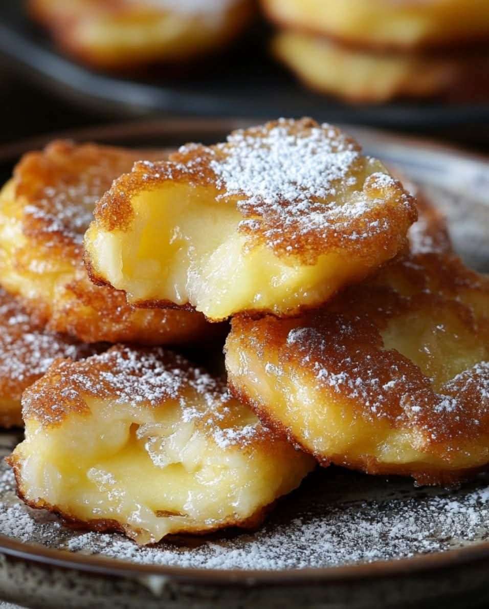 Beignets de pommes dorés à la poêle sans friture, servis chauds sur une assiette blanche avec sucre glace, texture moelleuse et pommes fondantes visibles