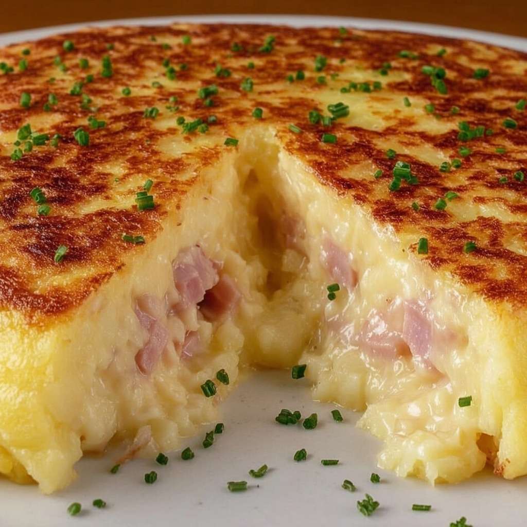 Tourte aux pommes de terre dorée à la poêle, garnie de fromage fondant et de jambon, servie chaude sur une assiette rustique avec texture crémeuse visible