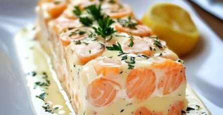 Terrine de Saint-Jacques, saumon et crevettes à la crème citronnée, texture fondante visible à la découpe, servie froide avec herbes fraîches et citron