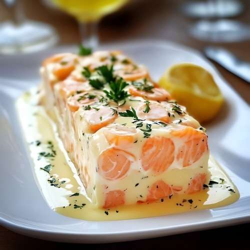 Terrine de Saint-Jacques, saumon et crevettes à la crème citronnée, texture fondante visible à la découpe, servie froide avec herbes fraîches et citron