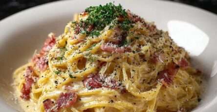 Spaghetti carbonara crémeux servis chauds avec pancetta croustillante, parmesan râpé et poivre noir, texture onctueuse visible et sauce brillante