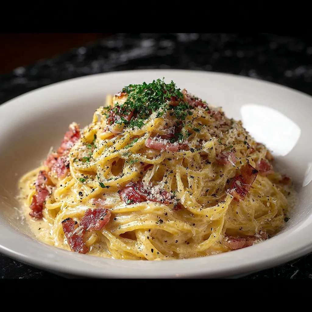 Spaghetti carbonara crémeux servis chauds avec pancetta croustillante, parmesan râpé et poivre noir, texture onctueuse visible et sauce brillante
