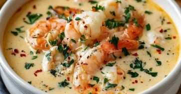 Bisque crémeuse aux fruits de mer avec crevettes et chair de crabe, texture veloutée, couleur orangée intense, servie chaude avec persil frais et pain grillé