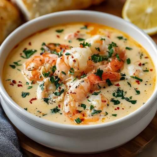 Bisque crémeuse aux fruits de mer avec crevettes et chair de crabe, texture veloutée, couleur orangée intense, servie chaude avec persil frais et pain grillé