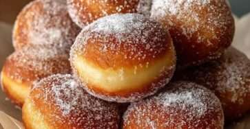 Beignets moelleux au sucre dorés et gonflés, texture aérée visible à la découpe, enrobés de sucre et servis chauds sur une assiette