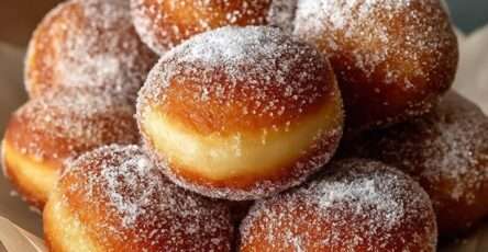 Beignets moelleux au sucre dorés et gonflés, texture aérée visible à la découpe, enrobés de sucre et servis chauds sur une assiette