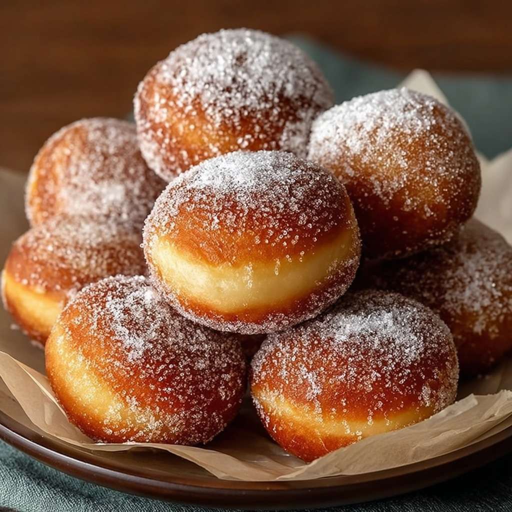 Beignets moelleux au sucre dorés et gonflés, texture aérée visible à la découpe, enrobés de sucre et servis chauds sur une assiette