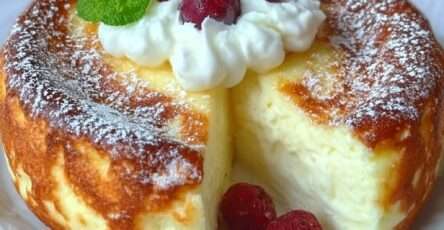 Gâteau crémeux aux trois yaourts doré au four, texture moelleuse visible à la découpe, saupoudré de sucre glace et décoré de fruits frais