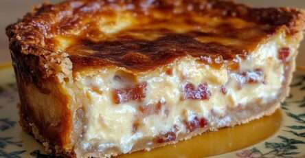 Quiche lorraine dorée au four avec lardons fumés et fromage fondant, texture crémeuse visible à la découpe, servie chaude sur une assiette rustique